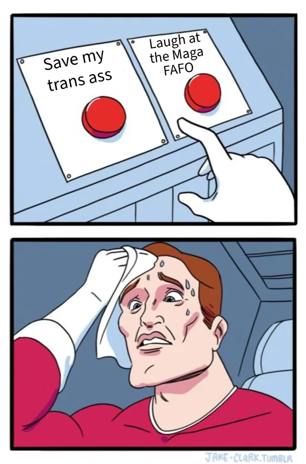 A two-panel comic shows a hand hovering over two red buttons labeled 'Save my trans ass' and 'Laugh at the Maga FAFO'. The…