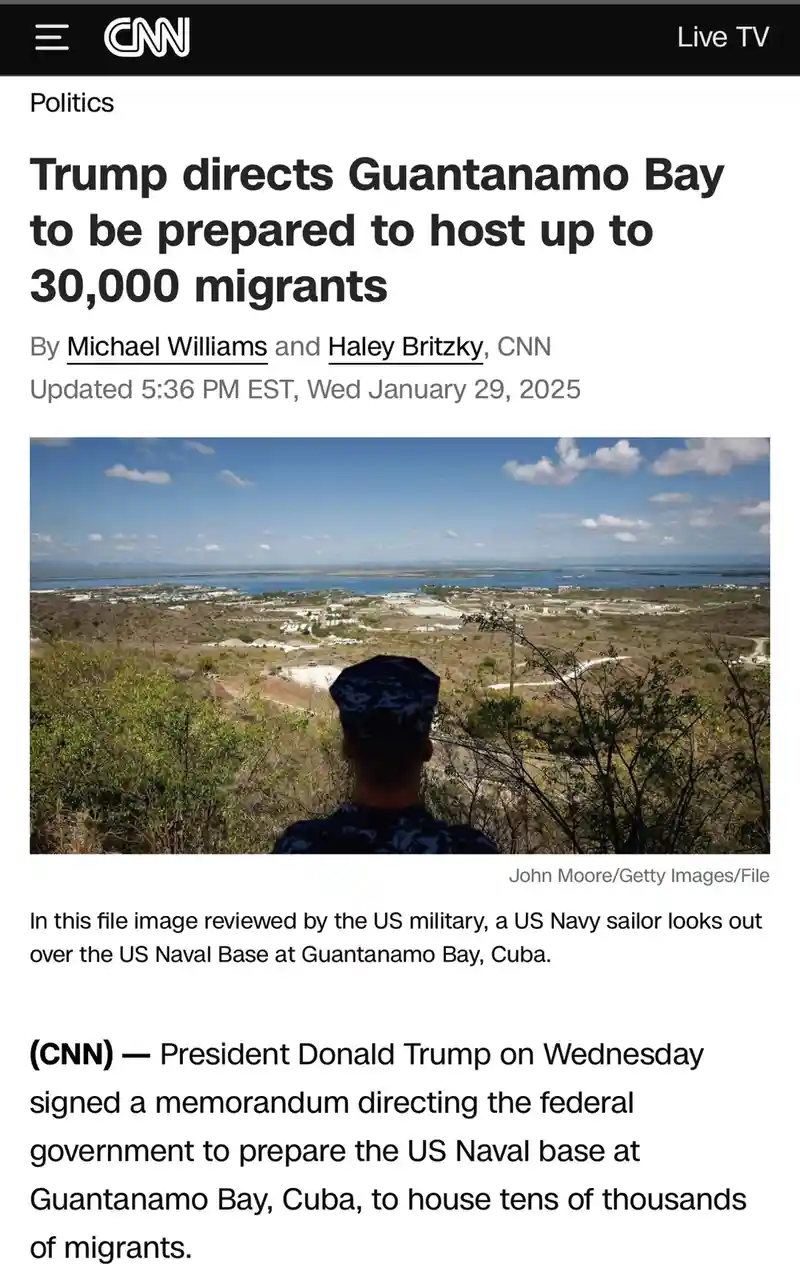 A screenshot of a CNN news article from January 29, 2025, with a headline about Trump directing Guantanamo Bay to host…