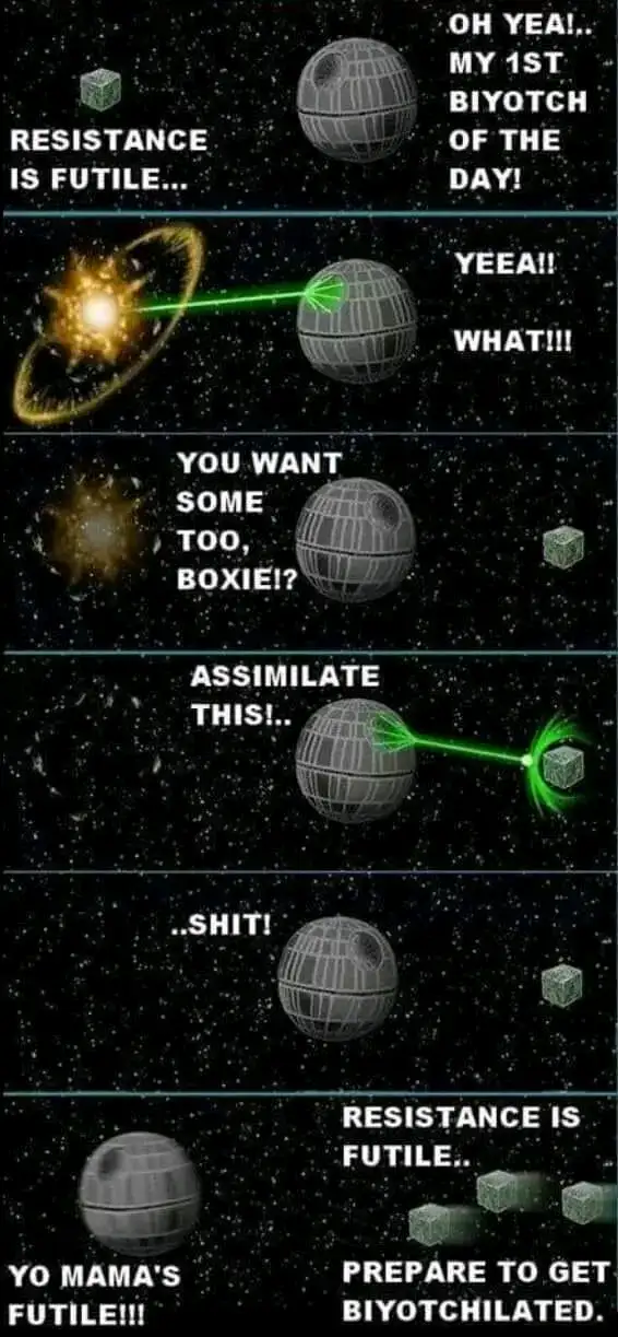 A five-panel Star Wars meme featuring the Death Star firing green lasers at small green cubes, with text overlays that…