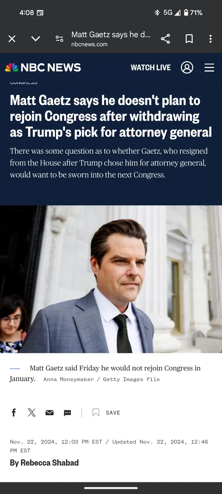 A screenshot of an NBC News article about Matt Gaetz, showing his photo in a suit standing outside a building. The headline…