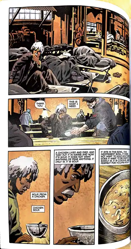 A comic strip depicts a man in a bleak, crowded shelter receiving a bowl of soup. He thanks the giver, then reflects on the…