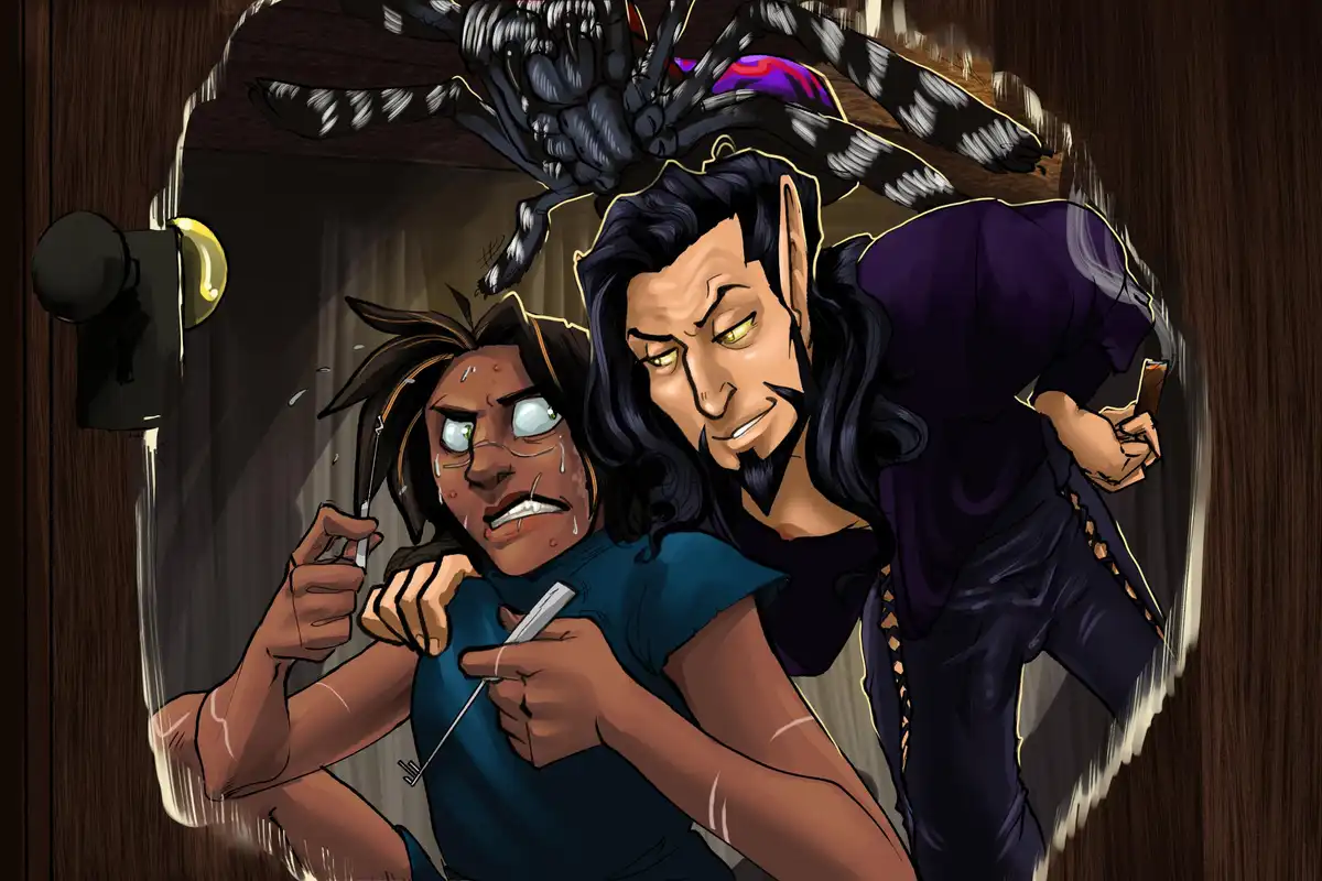 An animated image shows a terrified person with wide eyes and tears holding a key, while a menacing, long-haired elf-like…