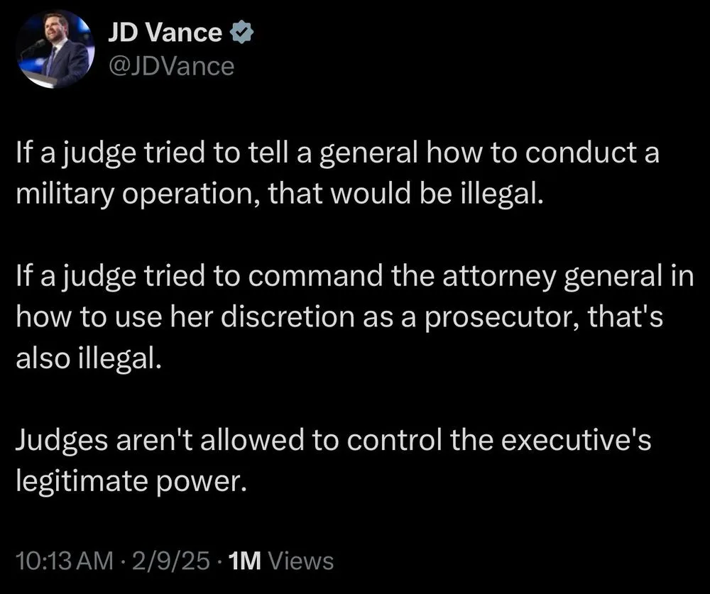 A screenshot of a tweet by JD Vance showing three paragraphs of white text on a black background. The text outlines his view…