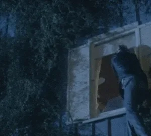 A sequence of six frames from a movie scene shows a man in a dark jacket pulling a woman in a light shirt out of a window at…