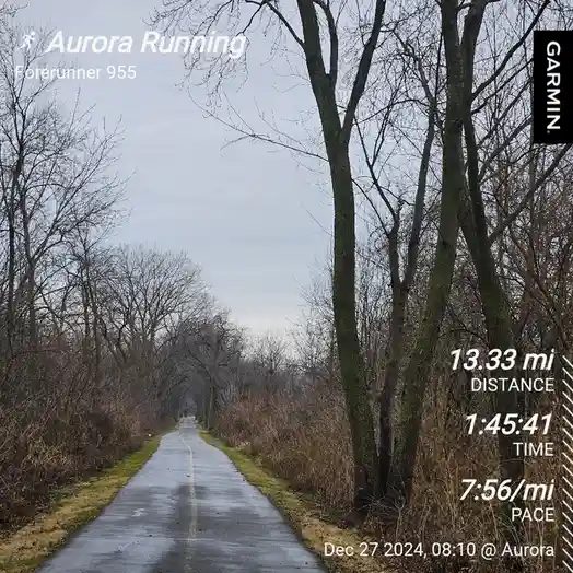 A screenshot of a Garmin Forerunner 955 running GPS watch displaying a 13.33-mile run completed in 1 hour 45 minutes 41…