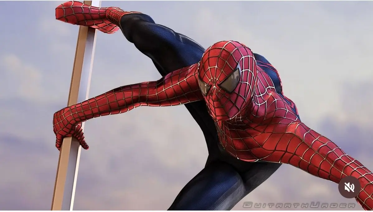 A digital rendering of Spider-Man in his classic red and blue suit, clinging to a vertical pole with one hand while his body…