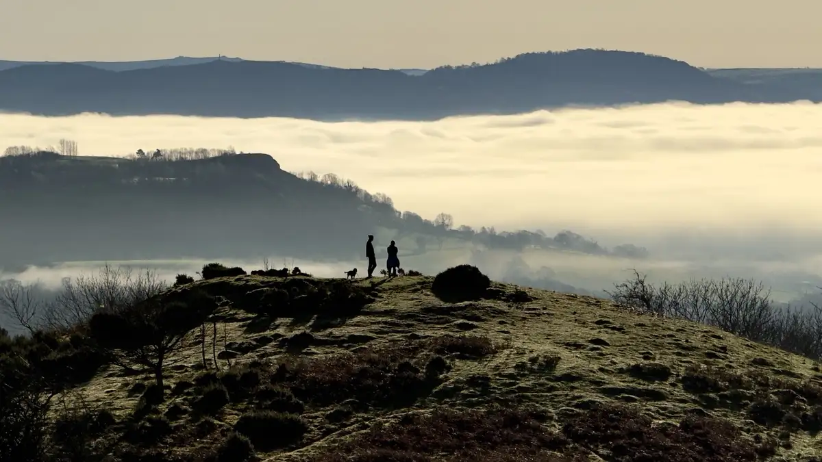 A serene landscape photo shows two people and a dog silhouetted on a grassy hilltop overlooking a vast sea of fog rolling…