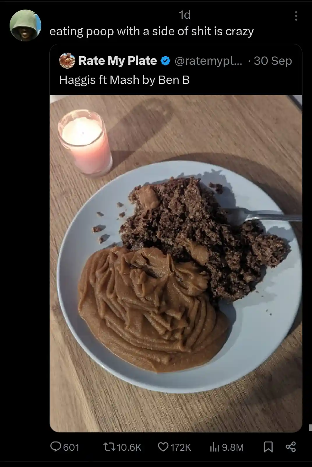A plate of haggis and mashed potatoes is shown next to a lit candle, with overlaid text reading 'eating poop with a side of…