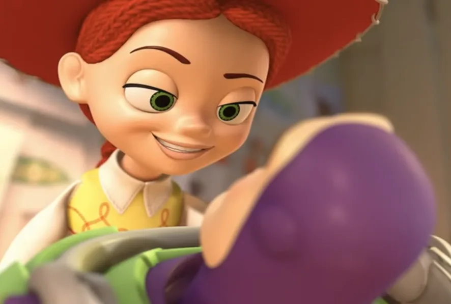 a close-up of the animated character Jessie from Toy Story, smiling with a mischievous expression while looking down at Buzz…