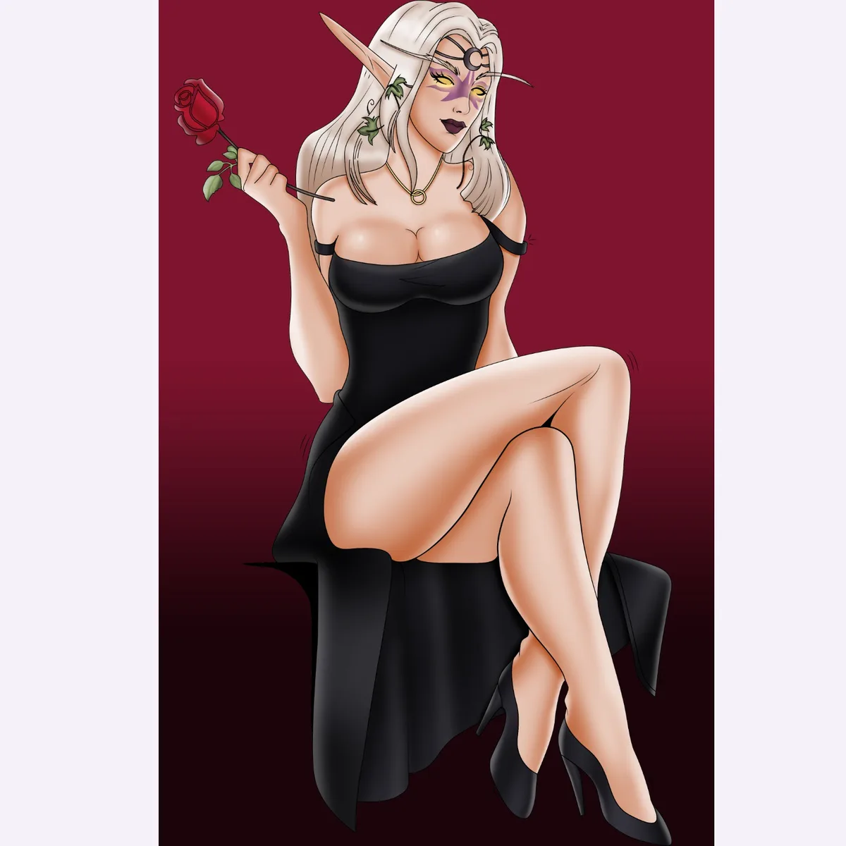 A digitally illustrated fantasy woman with long white hair, pointed ears, and purple face paint sits provocatively on a…