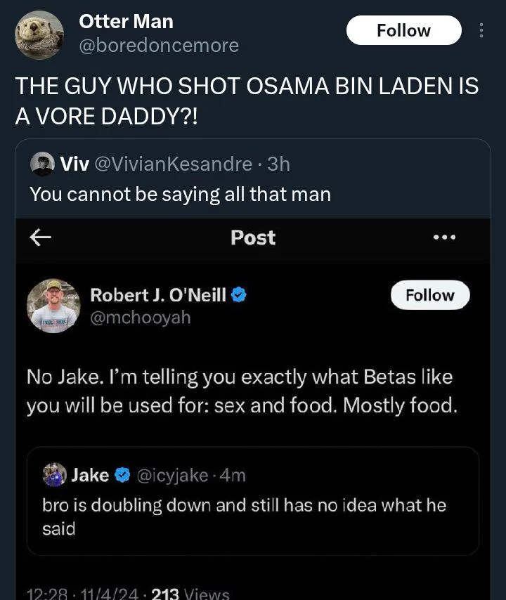 A screenshot of a Twitter thread shows a user named 'Otter Man' reacting with shock to a comment by Robert J. O'Neill, who…