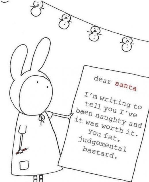 A simple black-and-white line drawing shows a cartoon rabbit holding a letter addressed to Santa. The letter, written in a…