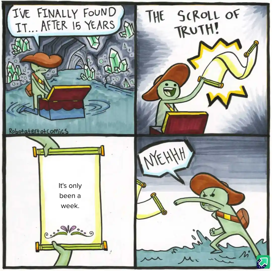 A four-panel comic strip shows a green-skinned explorer in a brown hat finding a treasure chest in a cave, exclaiming he's…