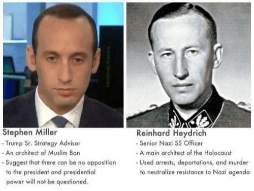 The image displays two side-by-side portraits: on the left, Stephen Miller, a modern political advisor, and on the right…