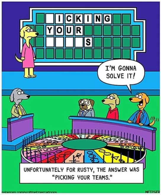 A cartoon depicts a game show with four dogs. One dog in a pink robe stands before a large Scrabble board displaying the…