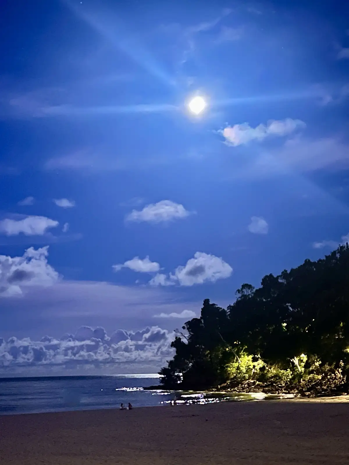 A serene night beach scene with a bright full moon shining through scattered clouds, illuminating the dark blue sky above a…