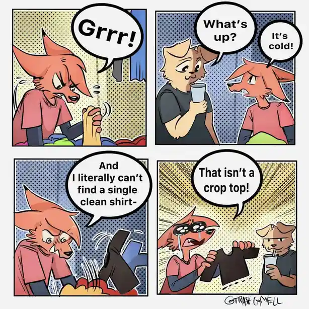 A four-panel comic strip featuring two anthropomorphic animal characters. In the first panel, a red fox character growls…