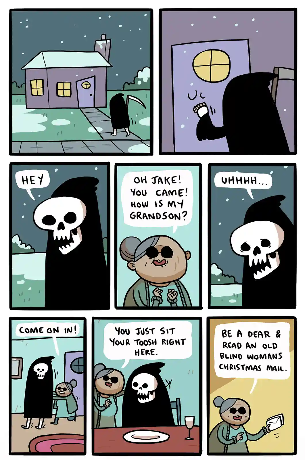 A comic strip shows a grim reaper knocking on a door, greeted warmly by an elderly woman who asks about her grandson. He…