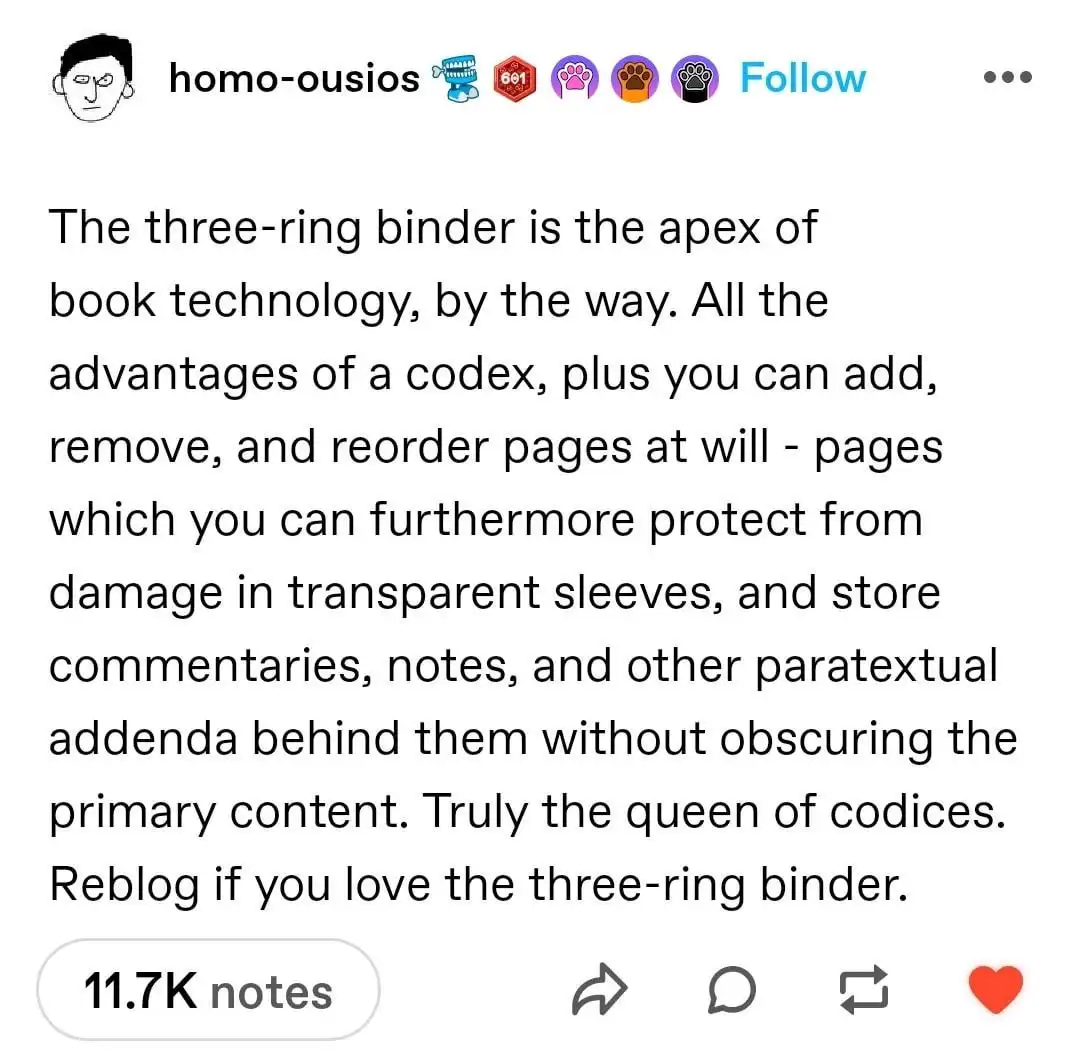 A screenshot of an Instagram post by 'homo-ousios' featuring a block of text praising the three-ring binder as the 'queen of…