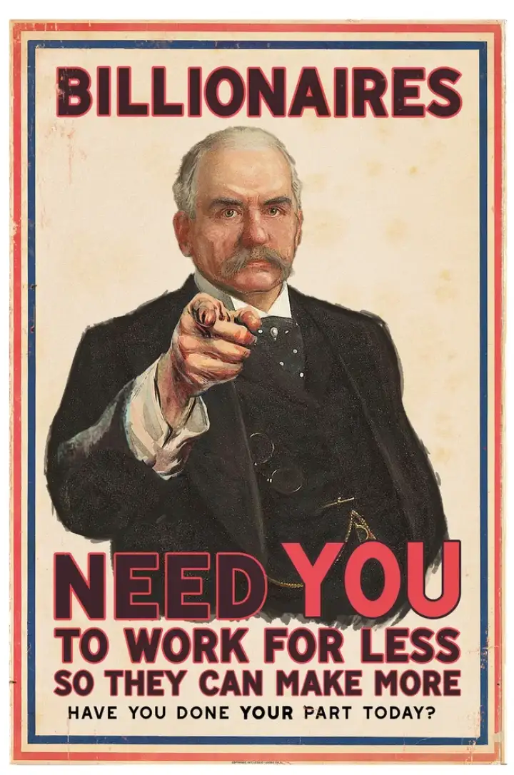 A vintage-style propaganda poster features a stern, mustachioed man in a dark suit pointing directly at the viewer. The text…