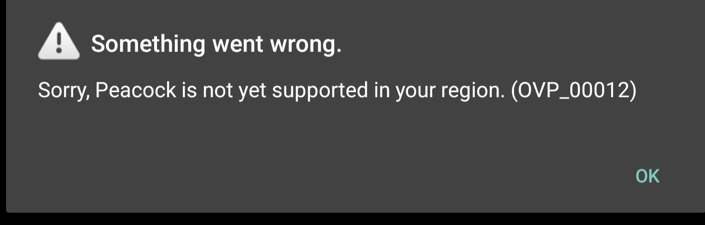 A dark gray error dialog box displays a white warning triangle with an exclamation mark, followed by the text 'Something…