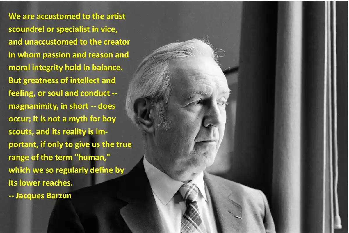 A black-and-white photograph of Jacques Barzun, an older man in a suit and tie, looking thoughtfully out a window. Yellow…