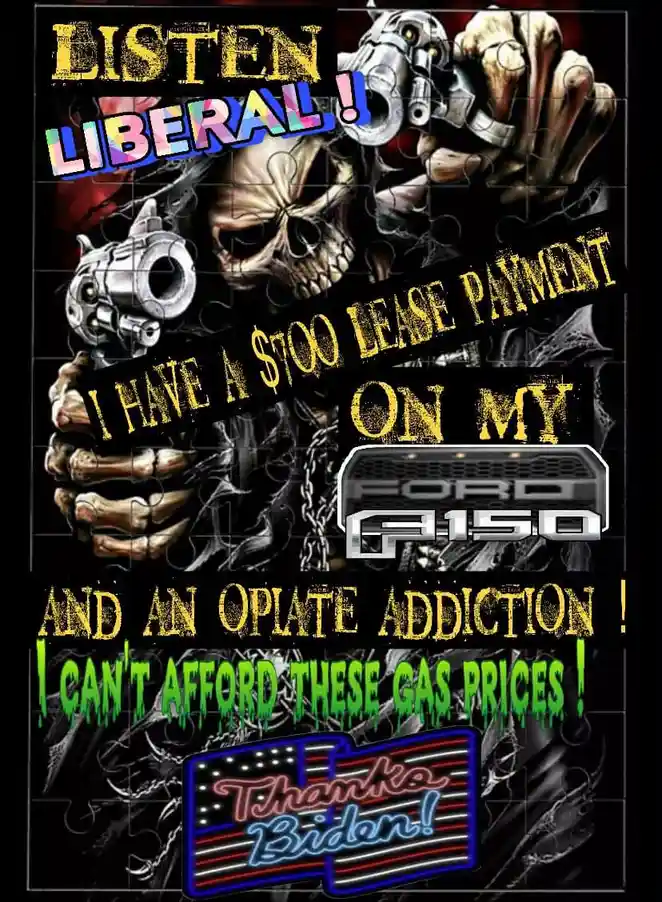 A dark, puzzle-piece style image features a skeletal figure holding two pistols, overlaid with bold, colorful text. The text…