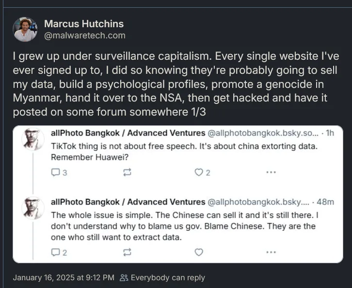 A screenshot of a tweet by Marcus Hutchins (@malwaretech.com) showing his long-form post about growing up under surveillance…