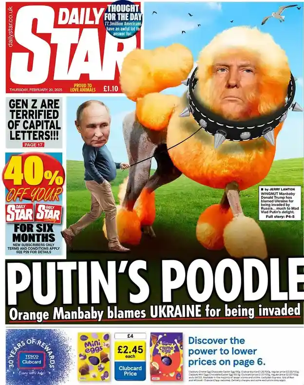 A satirical Daily Star newspaper front page shows Vladimir Putin walking a giant, fluffy orange dog with Donald Trump's…