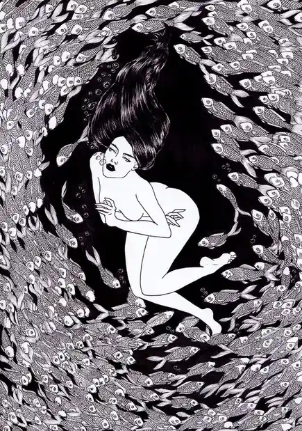A black-and-white illustration shows a nude woman with dark hair and bold lips, floating underwater surrounded by a swirling…