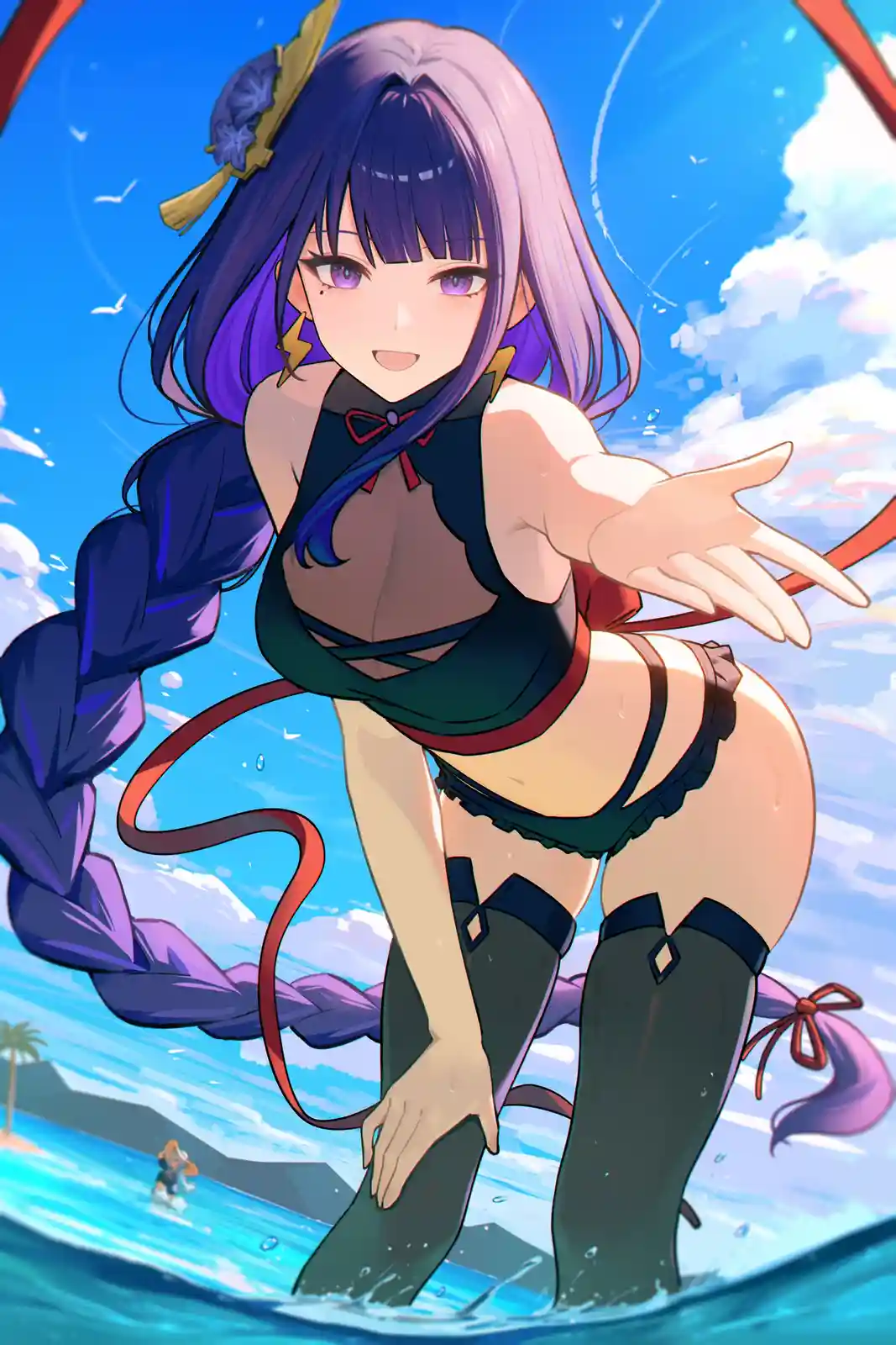 An anime-style illustration shows a young woman with purple hair and a red tail standing in ocean water, wearing a dark…