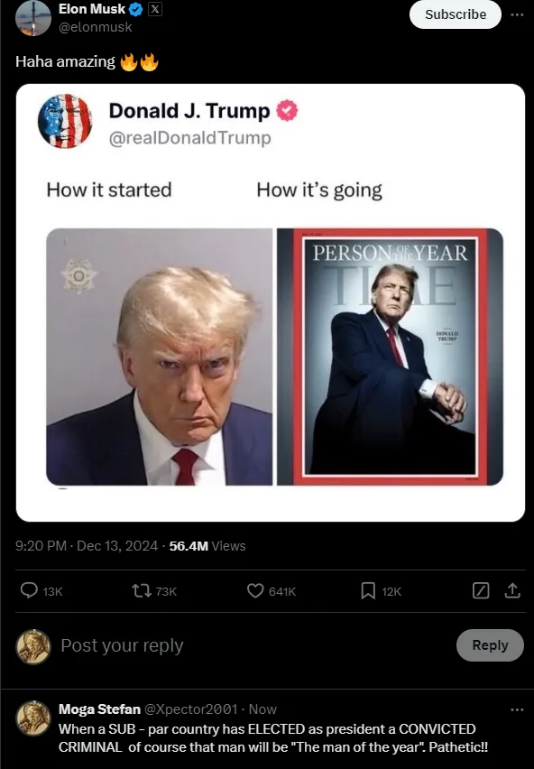 A screenshot of a tweet by Elon Musk reacting to a tweet from Donald J. Trump. Trump's tweet displays two side-by-side…