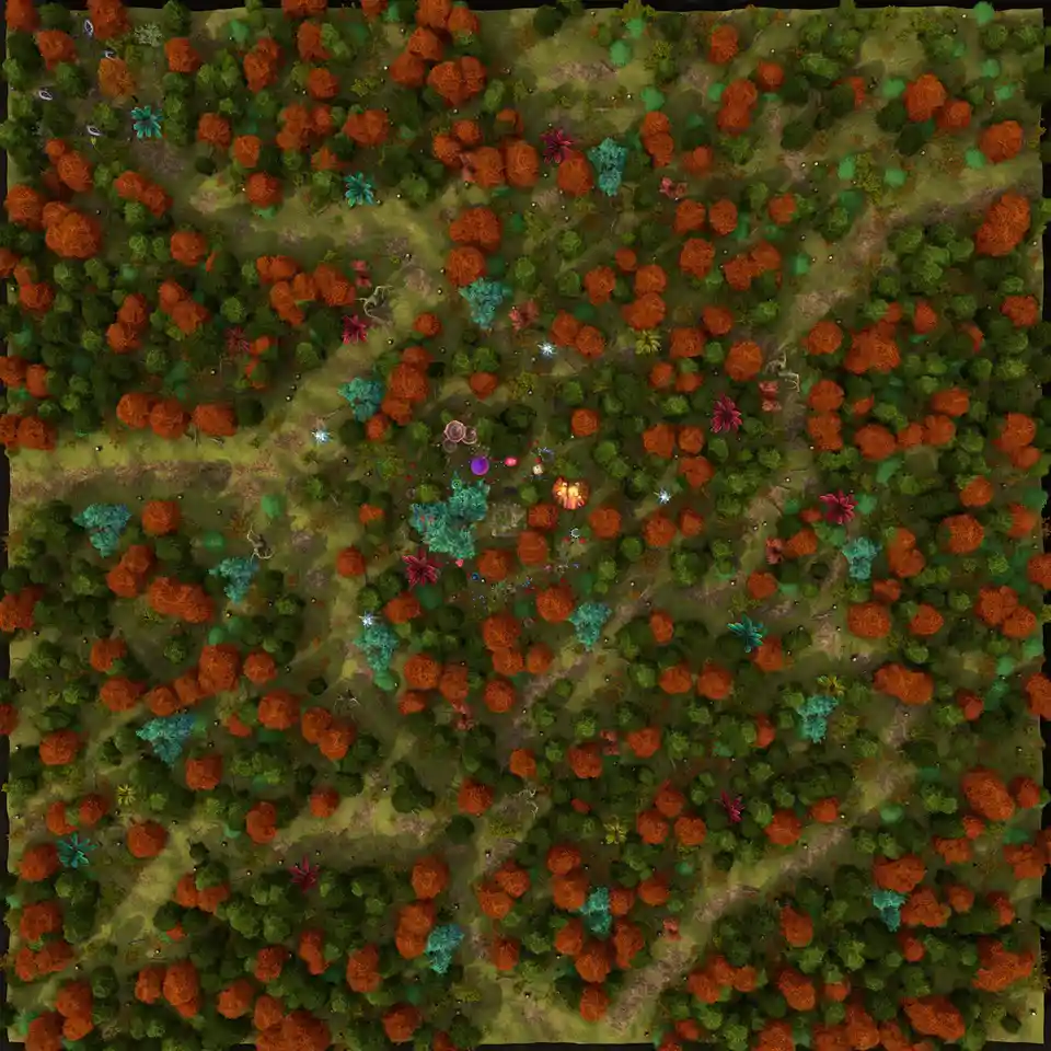An overhead view of a colorful fantasy forest map with green and orange trees, glowing flowers, and a central clearing with…