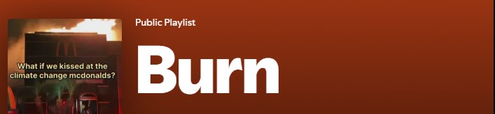 A screenshot of a Spotify public playlist cover shows a burning McDonald's building with overlaid text asking 'What if we…