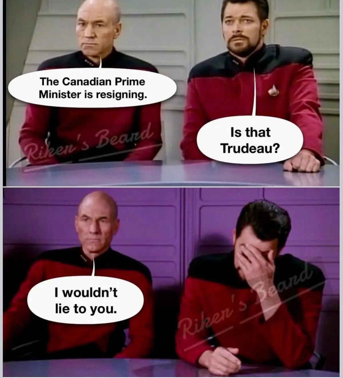 Two men in Star Trek uniforms sit at a table. In the top panel, one says 'The Canadian Prime Minister is resigning.' The…
