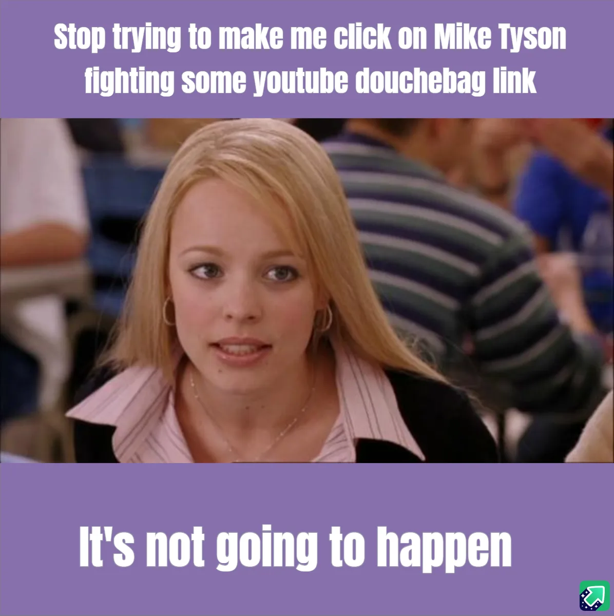 A still image of a young blonde woman with a skeptical, dismissive expression, overlaid with purple bars containing white…