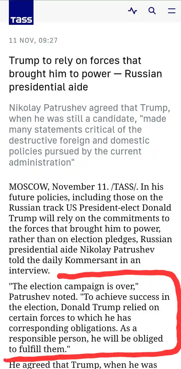 A screenshot of a TASS news article dated November 11, 2024, featuring a quote from Russian presidential aide Nikolay…