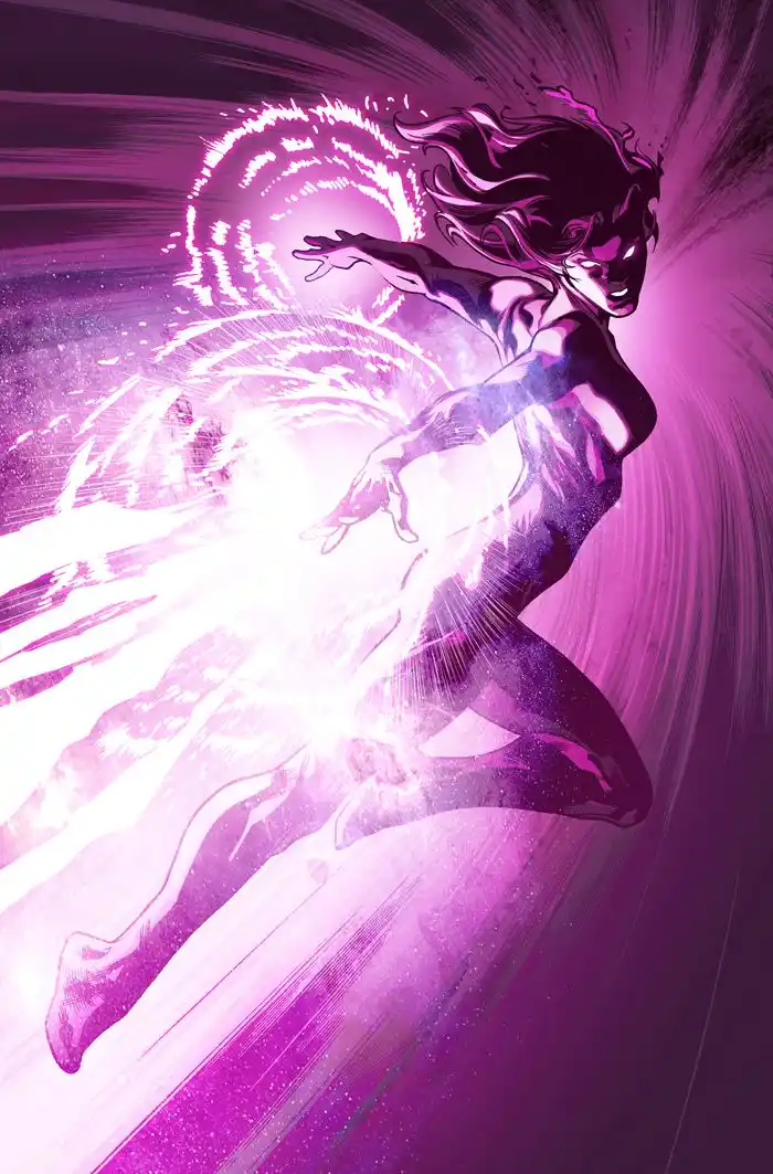 A dynamic comic book illustration of a female superhero in a purple and white costume, surrounded by swirling cosmic energy…