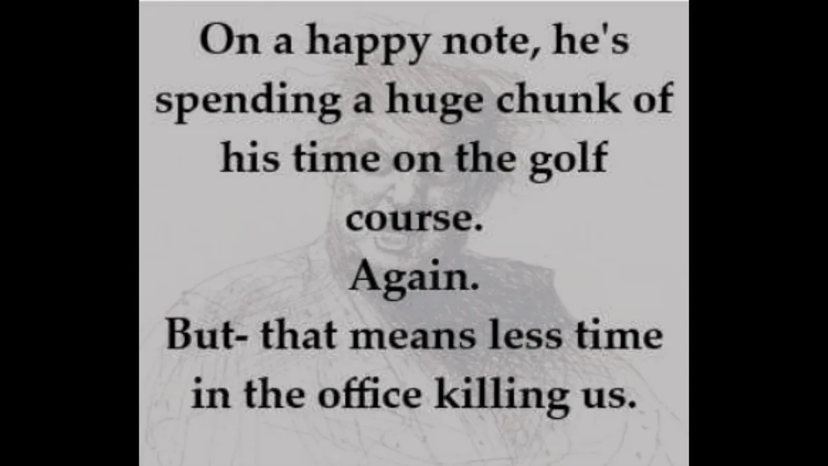 The image shows a grayscale sketch of a person's upper body, overlaid with black text that reads: 'On a happy note, he's…