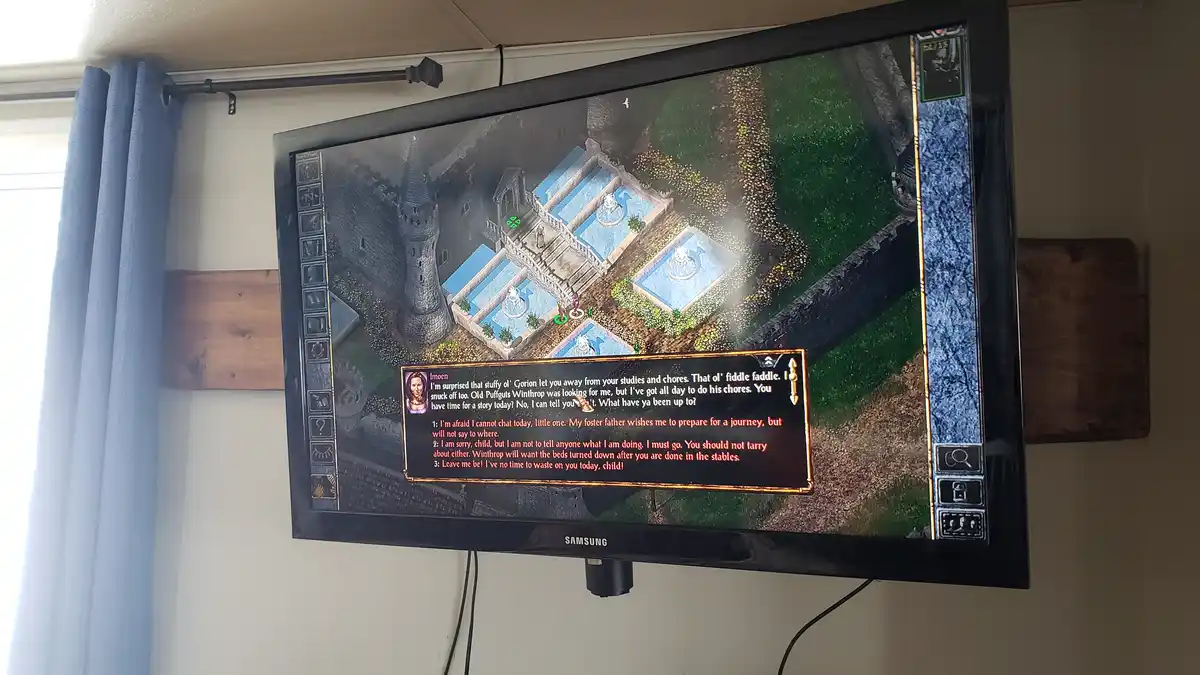 A screenshot of the game Baldur's Gate showing a dialogue box with the character Imoen offering three options to the player…