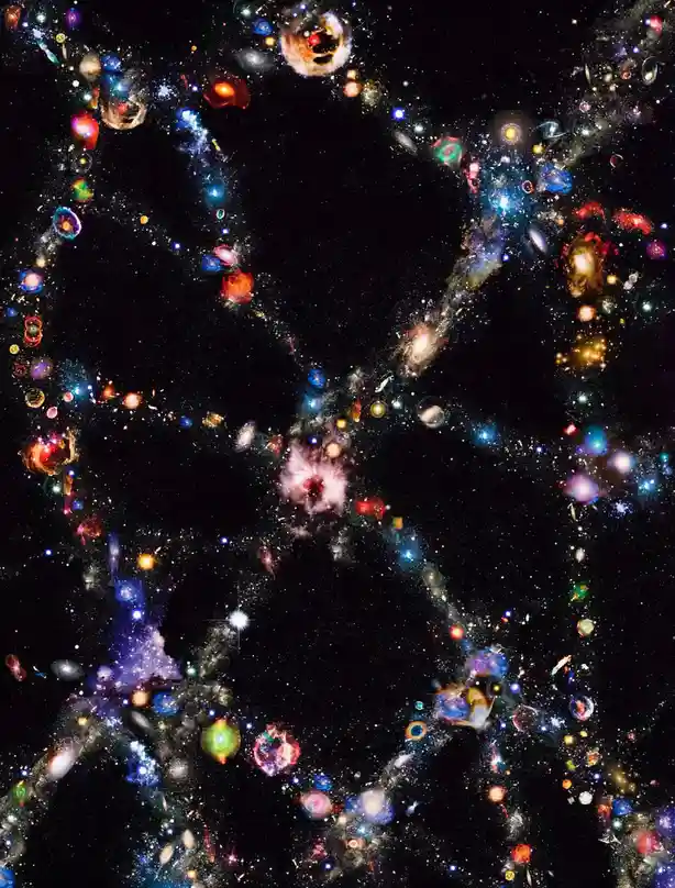 A cosmic image showing a heart shape formed by colorful galaxies and stars against a black background, with the overlaid…