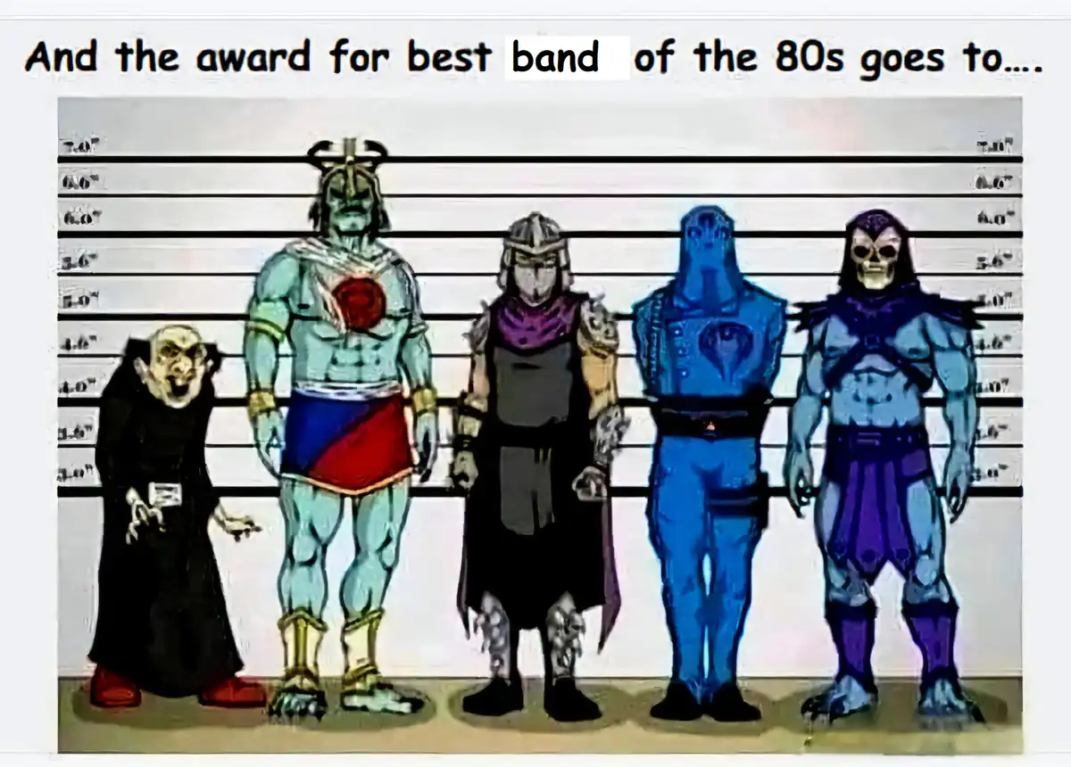 Five cartoon characters from the 1980s animated series 'Masters of the Universe' are posed in a police lineup, with the text…