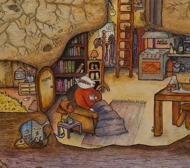 A cozy, anthropomorphic badger in a red sweater sits in a chair inside a treehouse home, holding a mug, surrounded by…