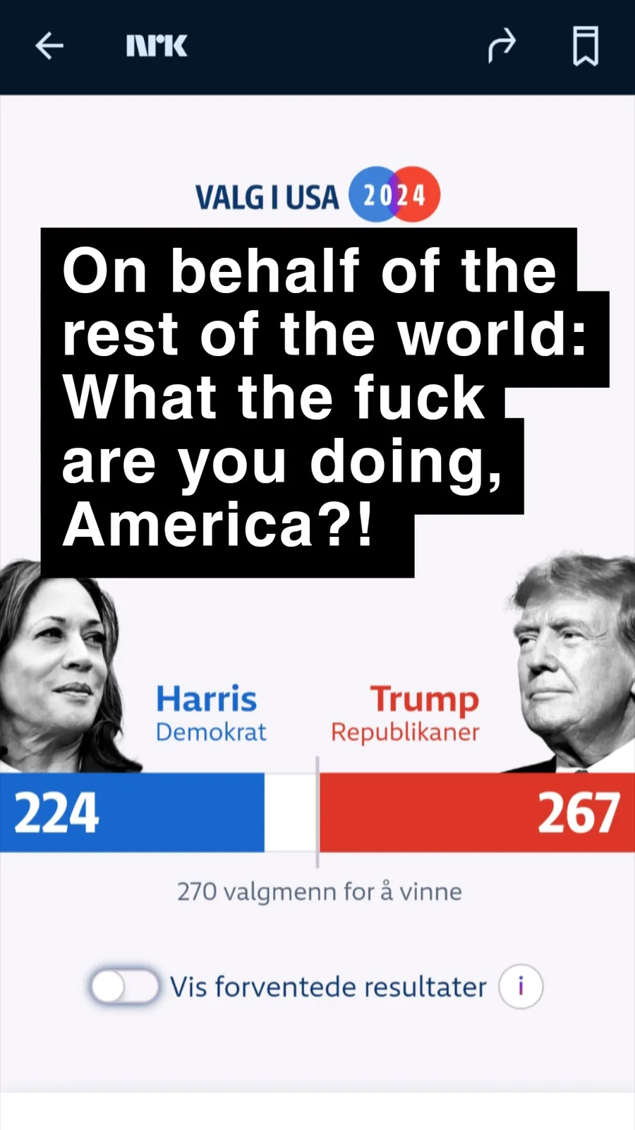 A screenshot from NRK's 2024 US election coverage shows a bar graph with Kamala Harris at 224 electoral votes and Donald…