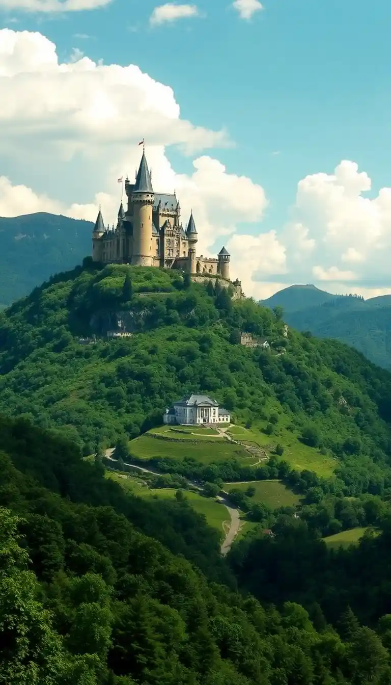 A majestic castle with multiple spires and flags sits atop a lush green hill under a partly cloudy blue sky. Below it, on a…
