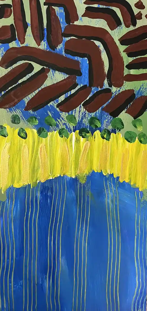 An abstract painting with a blue background, a yellow middle section with green dots, and brown shapes at the top. The…
