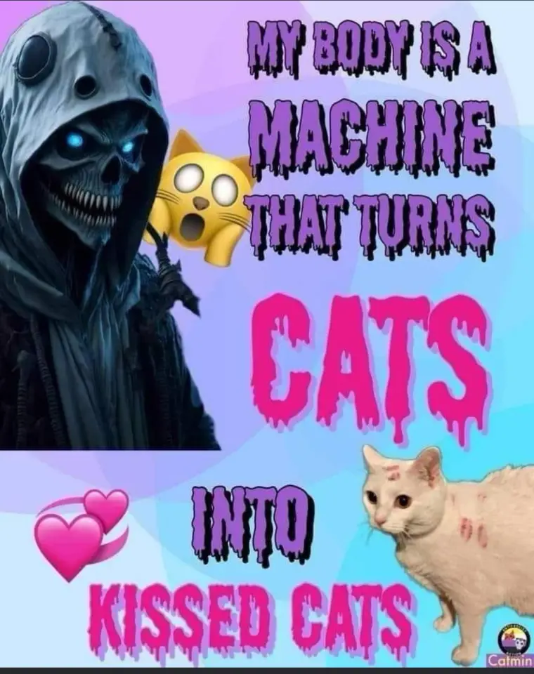A dark, hooded skeletal figure with glowing blue eyes stands on the left, next to a surprised yellow cat emoji. The text…