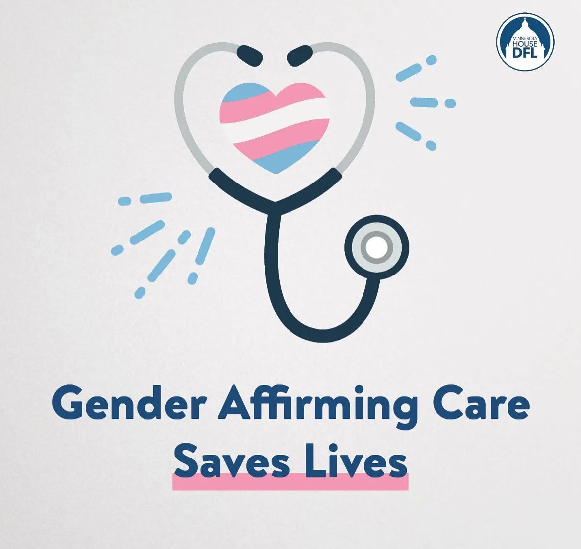 A stylized stethoscope with a heart-shaped diaphragm displaying the transgender flag (pink, white, and blue stripes) is…