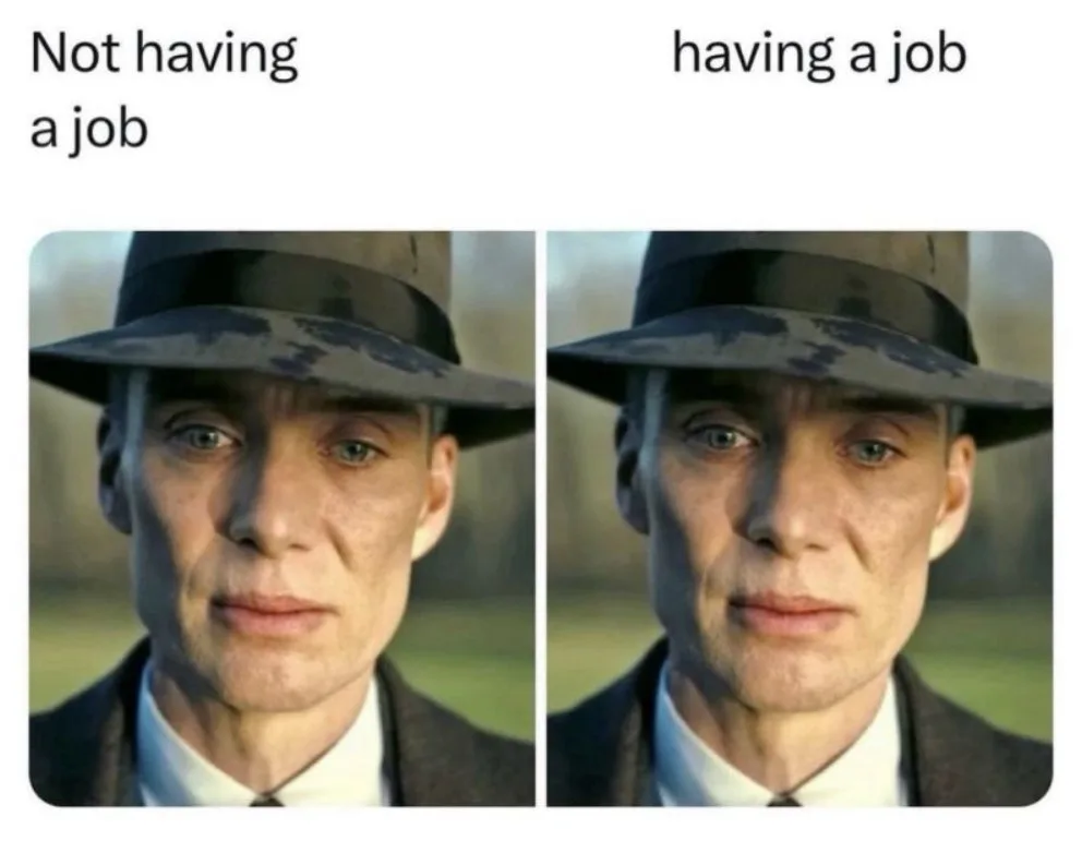 The image displays two nearly identical side-by-side photos of actor Cillian Murphy wearing a hat and suit, with the text…