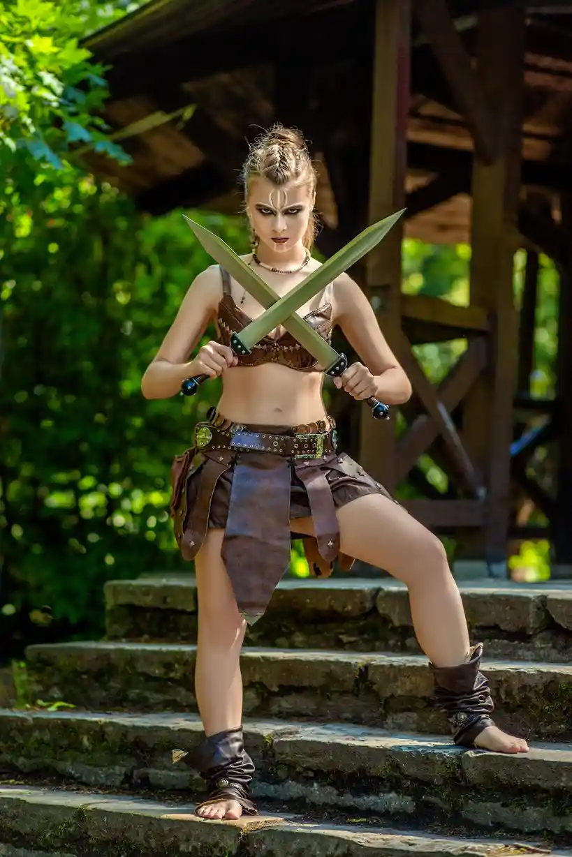 A woman in fantasy warrior attire, including a leather bra top, skirt, and boots, stands on stone steps holding two crossed…